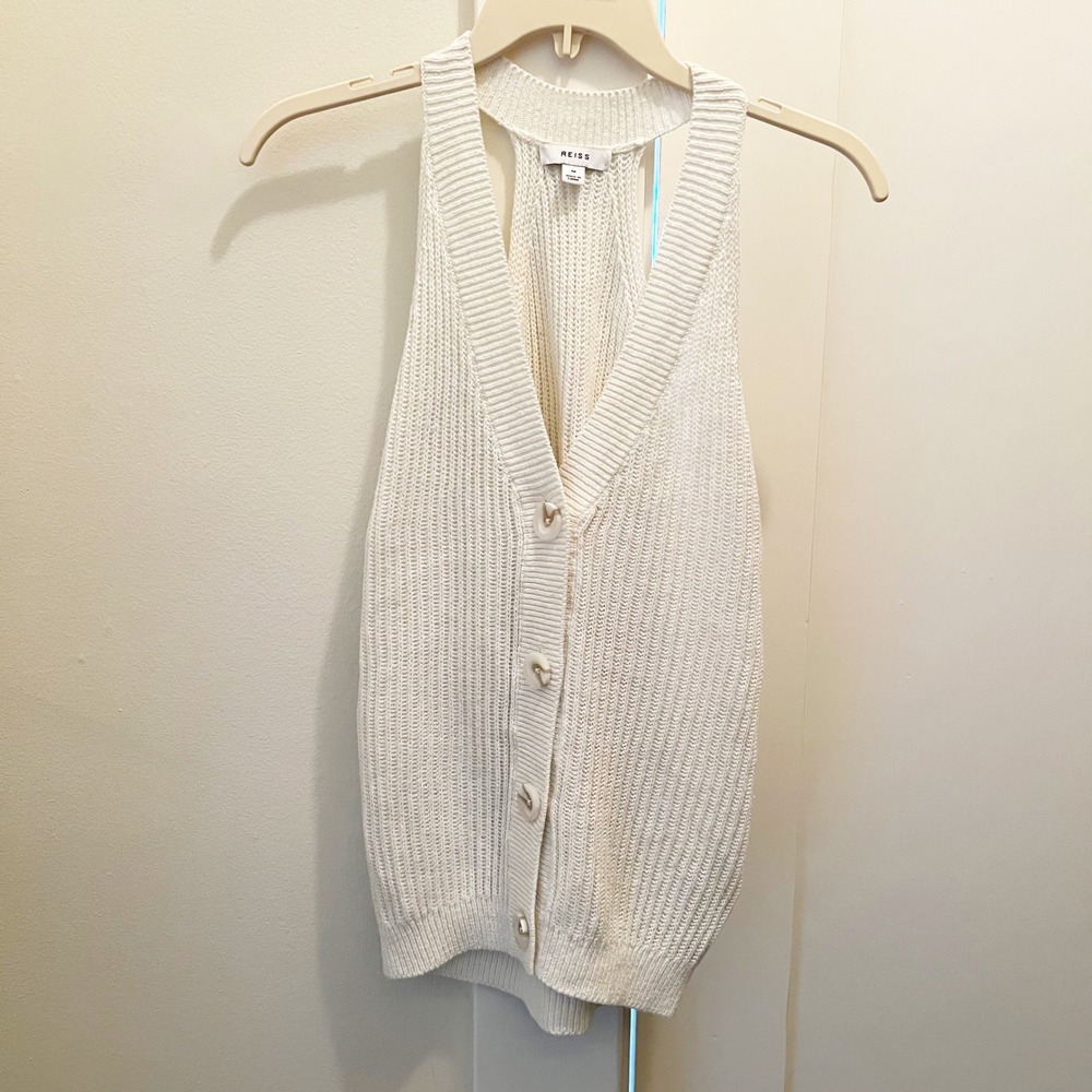 Reiss Sinead Tank Top Medium Whitw Button Front Halter V Neck Cotton Linen